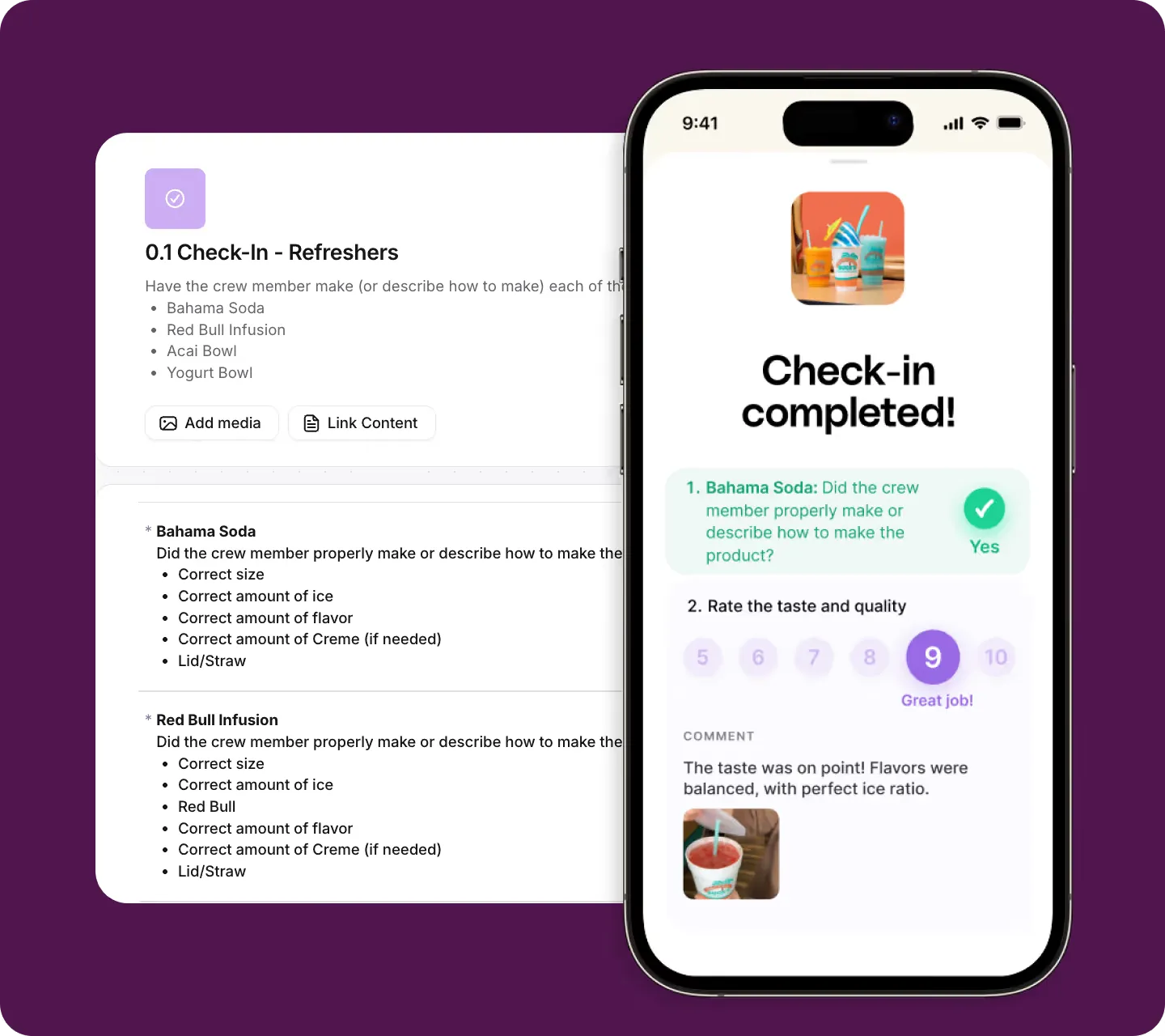 Opus mobile check-in confirming crew drink prep quality with ratings and comments.