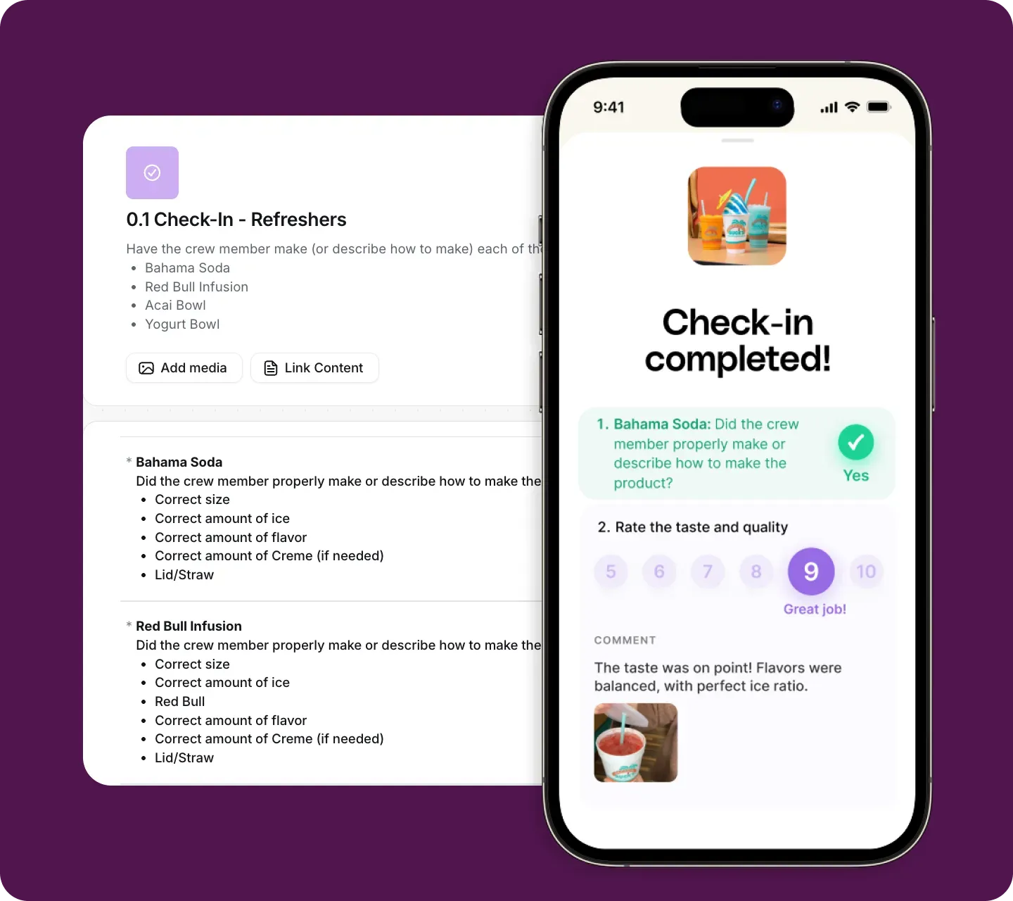 Opus mobile check-in confirming crew drink prep quality with ratings and comments.