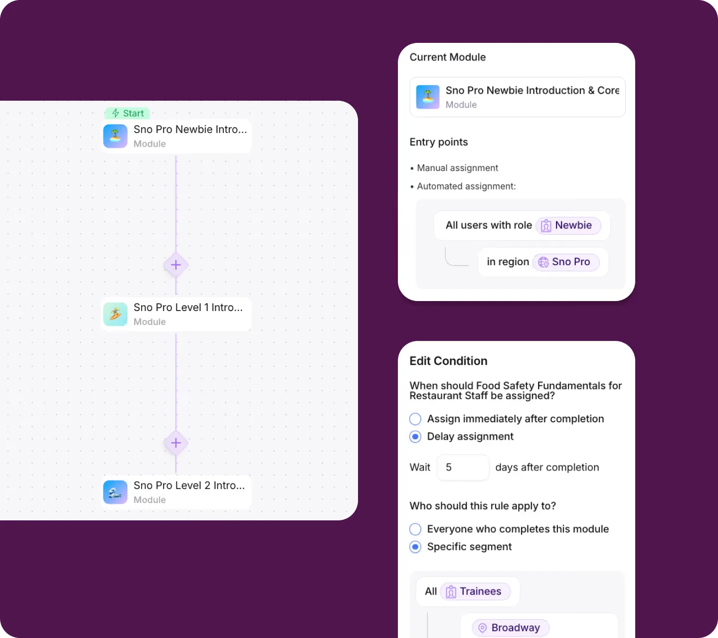 Opus training automation workflow showing module sequencing and assignment rules.